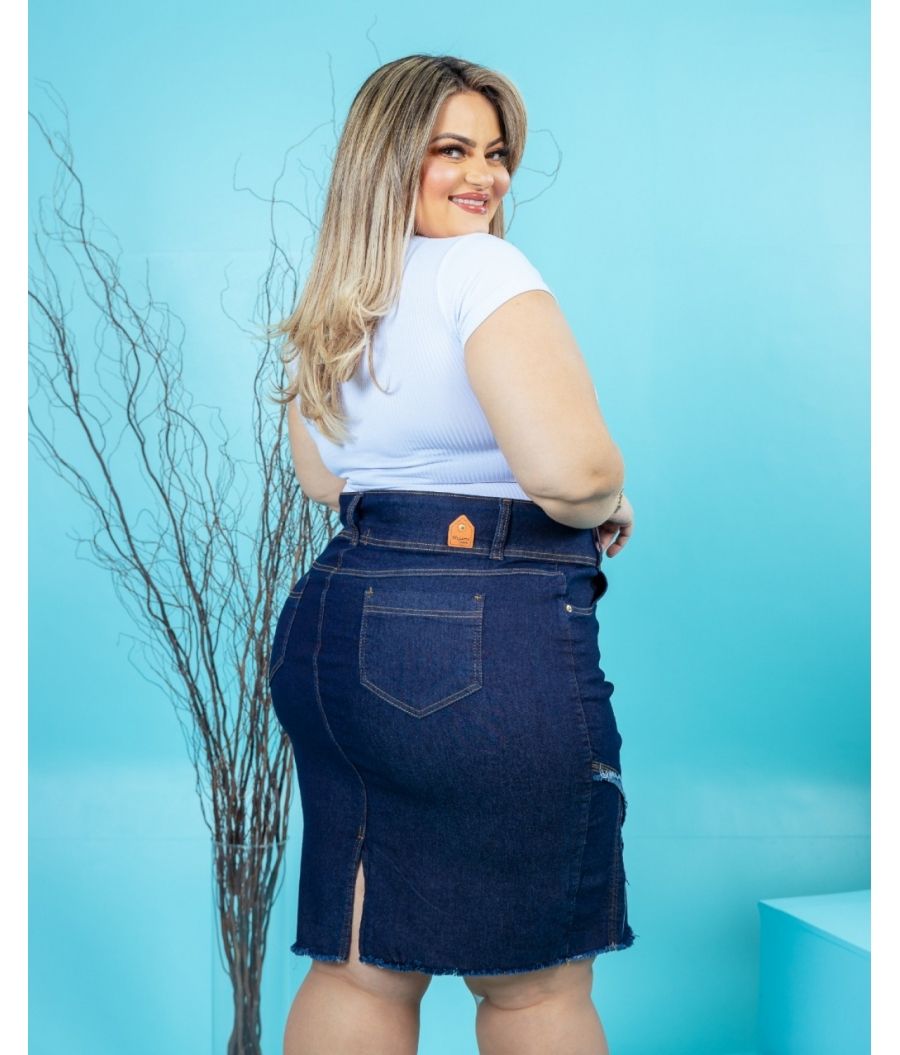 Saia Jeans Feminina Plus Size Com Lycra Cintura Alta Escura Trabalhada