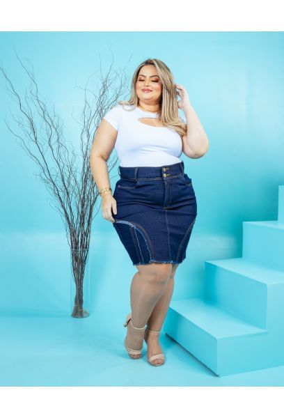 Saia Jeans Feminina Plus Size Com Lycra Cintura Alta Escura Trabalhada em NOVO HAMBURGO RS
