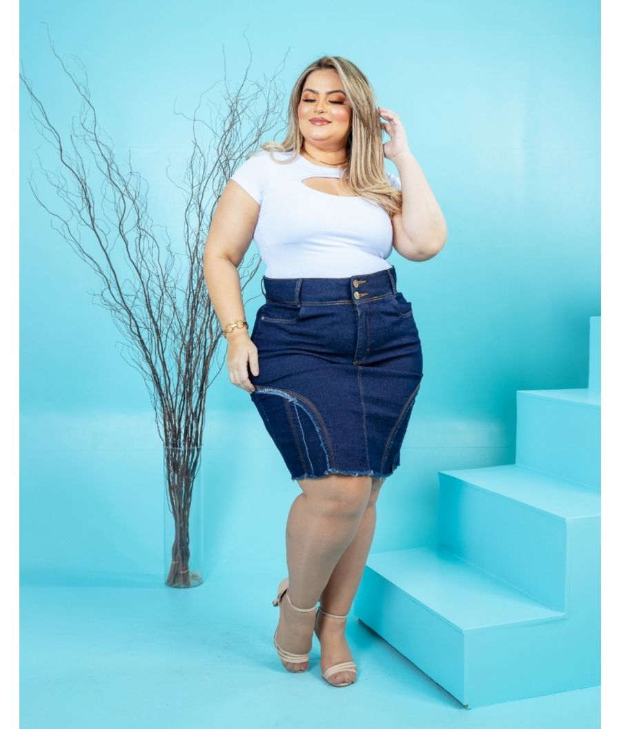 Saia Jeans Feminina Plus Size Com Lycra Cintura Alta Escura Trabalhada