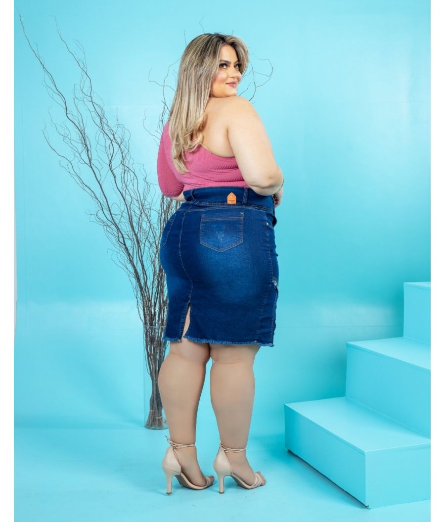 Saia Jeans Feminina Plus Size Com Lycra Cintura Alta Escura