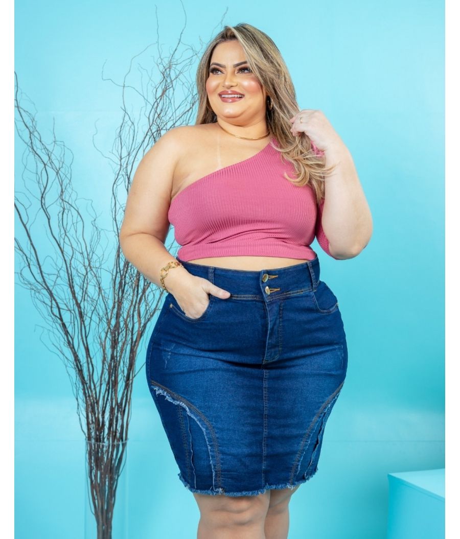 Saia Jeans Feminina Plus Size Com Lycra Cintura Alta Escura