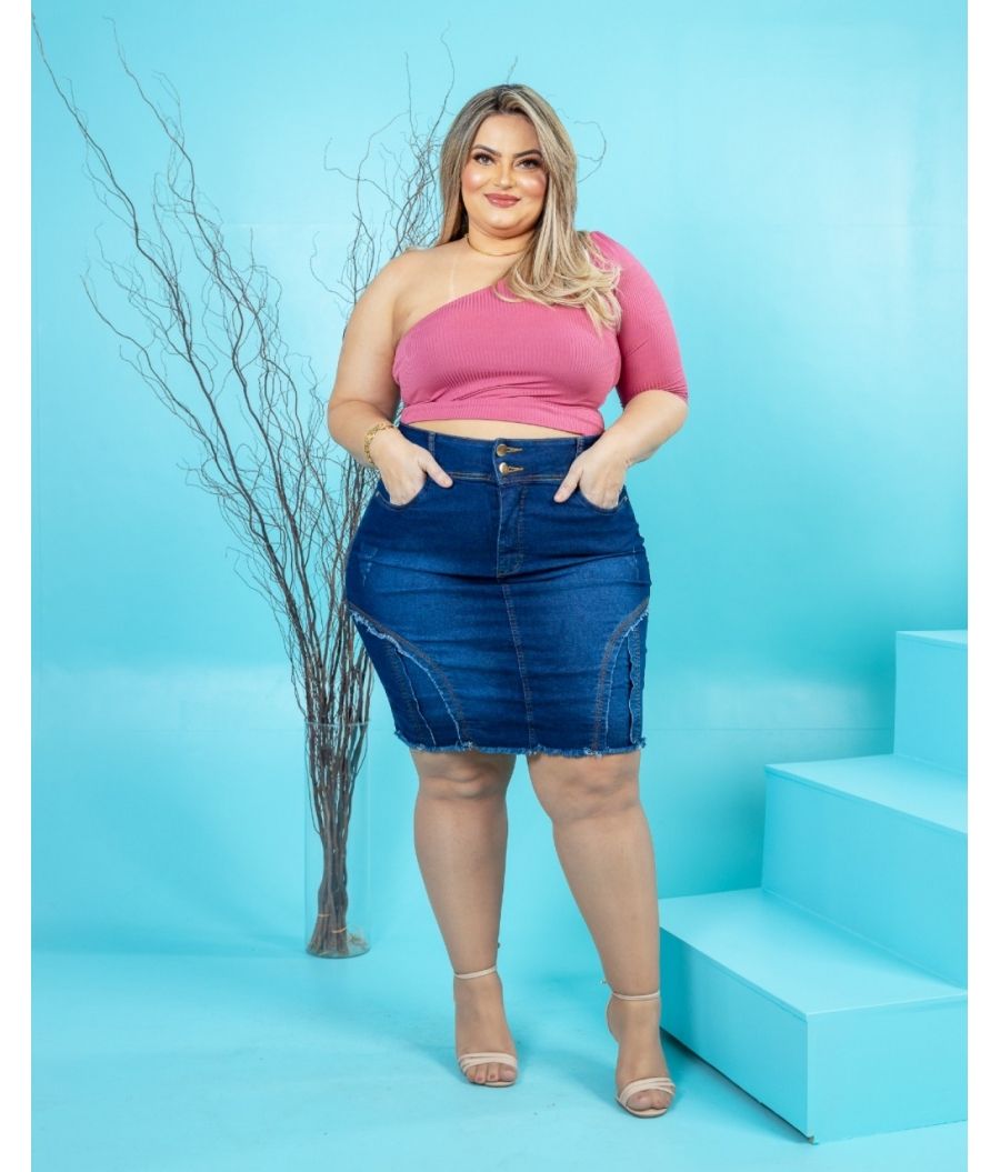 Saia Jeans Feminina Plus Size Com Lycra Cintura Alta Escura