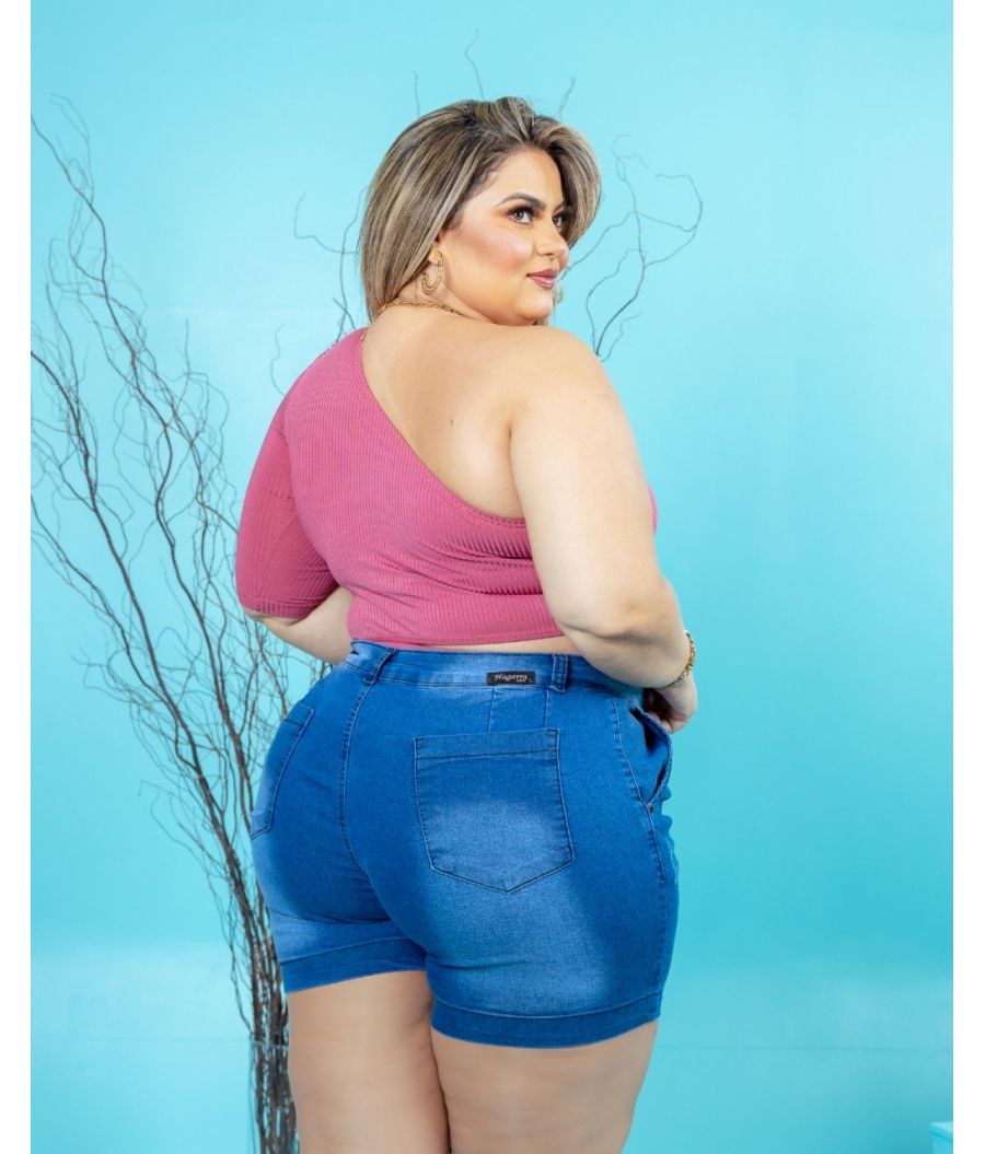 Short Jeans Feminino Plus Size Cintura Alta Com Lycra Claro