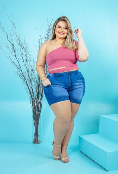Short Jeans Feminino Plus Size Cintura Alta Com Lycra Claro em NOVO HAMBURGO RS