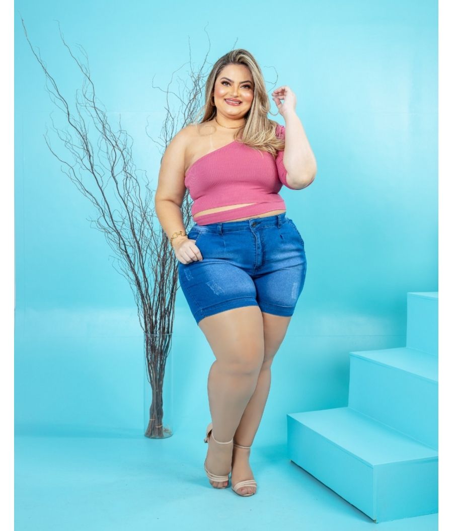 Short Jeans Feminino Plus Size Cintura Alta Com Lycra Claro