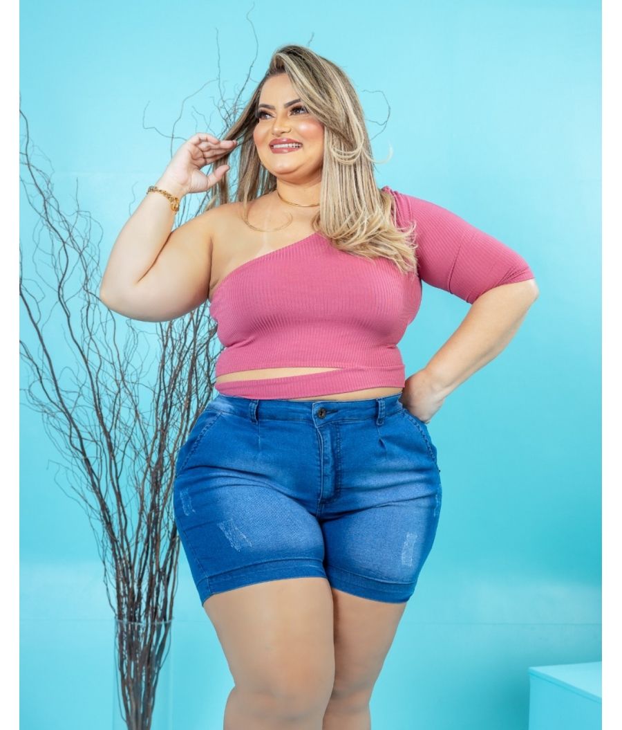 Short Jeans Feminino Plus Size Cintura Alta Com Lycra Claro