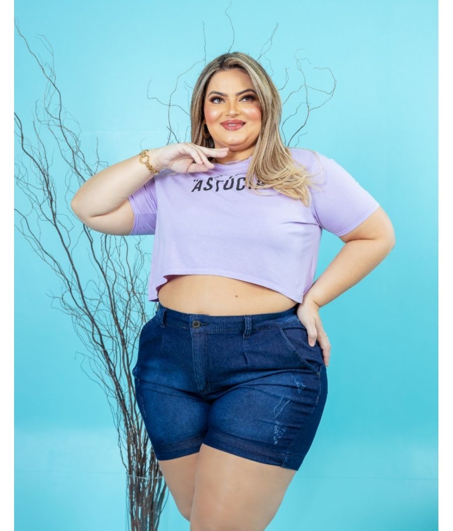 Short Jeans Feminino Plus Size Cintura Alta Com Lycra Escuro