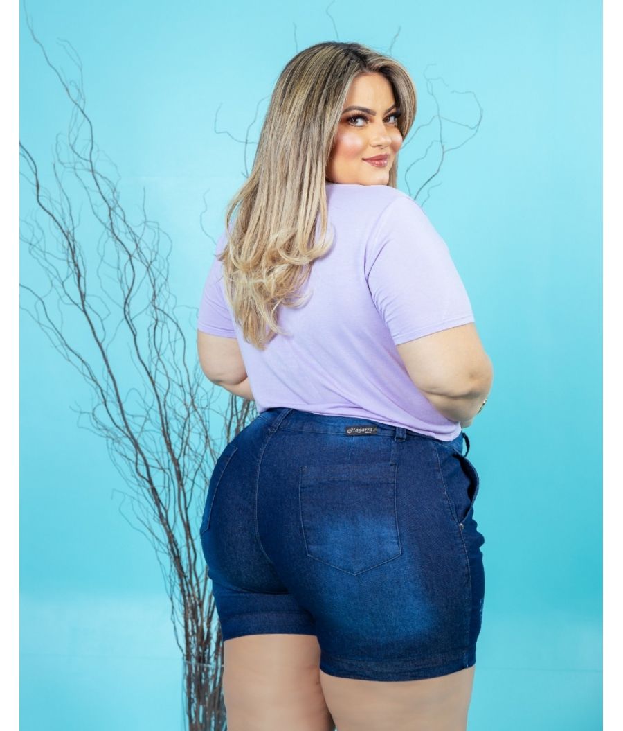 Short Jeans Feminino Plus Size Cintura Alta Com Lycra Escuro