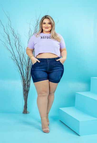 Short Jeans Feminino Plus Size Cintura Alta Com Lycra Escuro em MACAPA AP