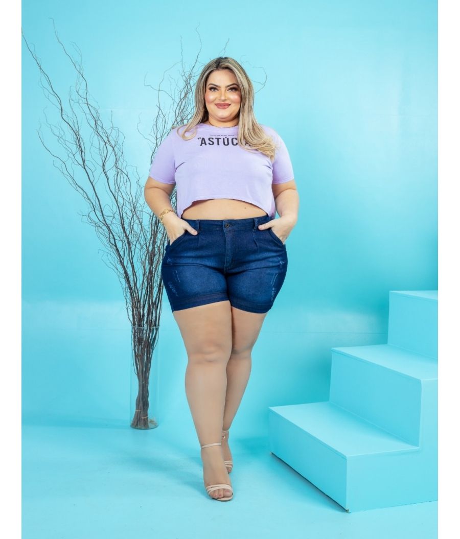 Short Jeans Feminino Plus Size Cintura Alta Com Lycra Escuro