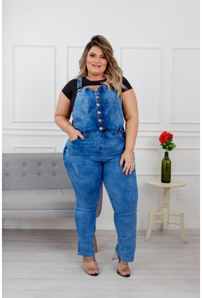 Jardineira Calça Jeans Feminina Plus Size Com Lycra Cintura Alta Com Botões em CODO MA