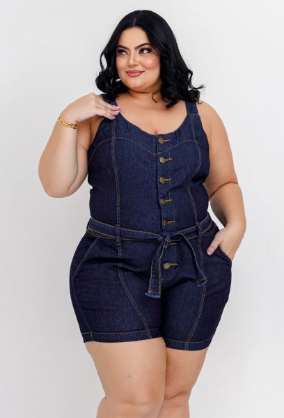 Macaquinho Jeans Plus Size Com Cinto Embutido Botões em CODO MA