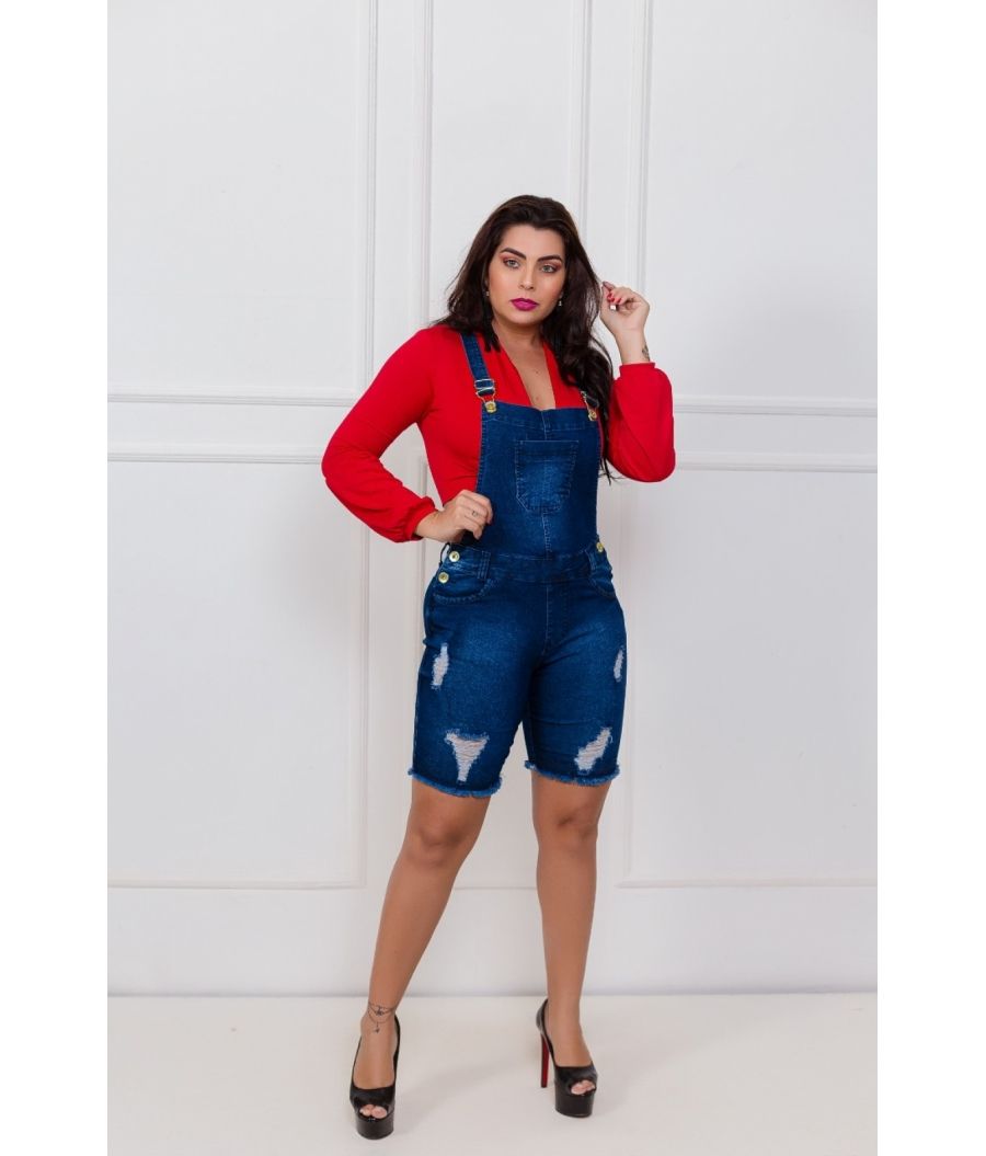Jardineira Jeans Pedal Escura Cintura Alta Com Lycra