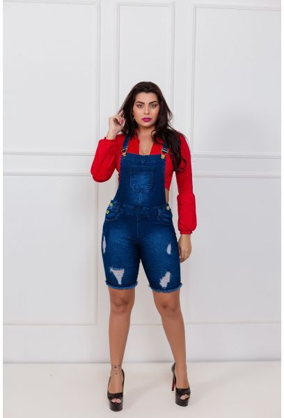 Jardineira Jeans Pedal Escura Cintura Alta Com Lycra em PELOTAS RS
