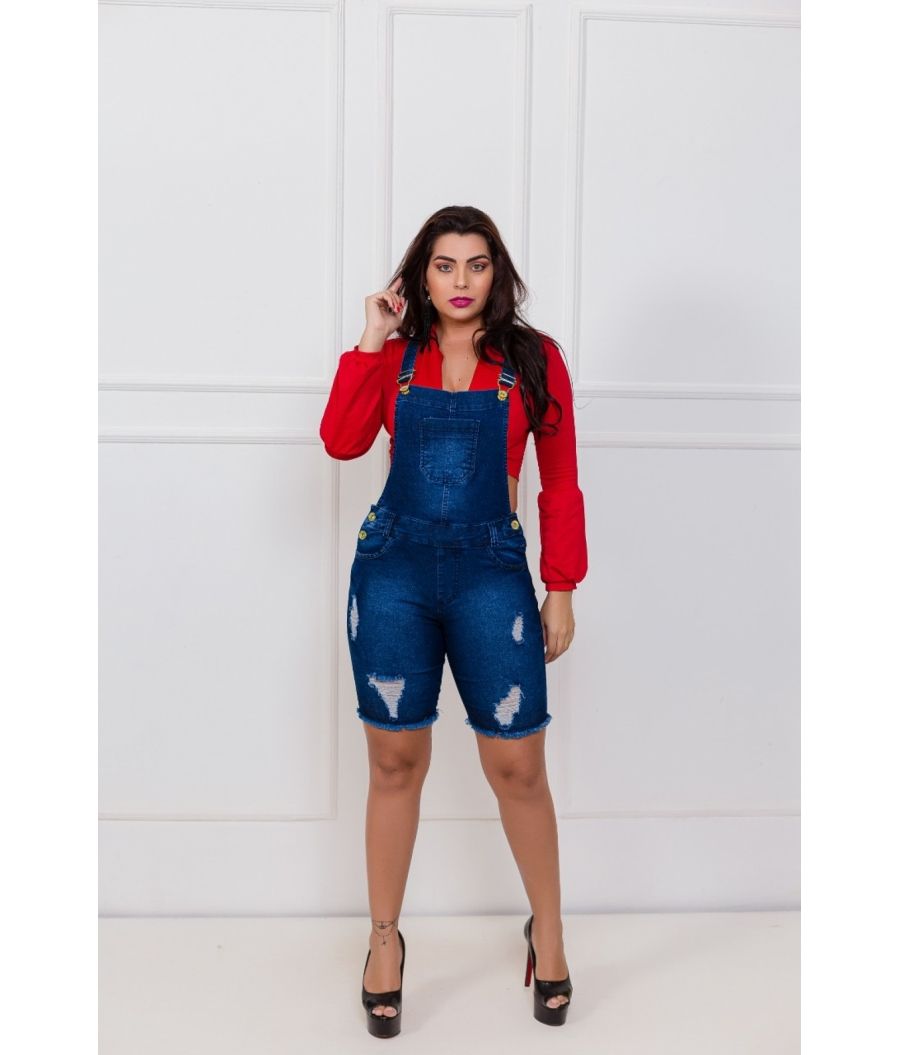 Jardineira Jeans Pedal Escura Cintura Alta Com Lycra