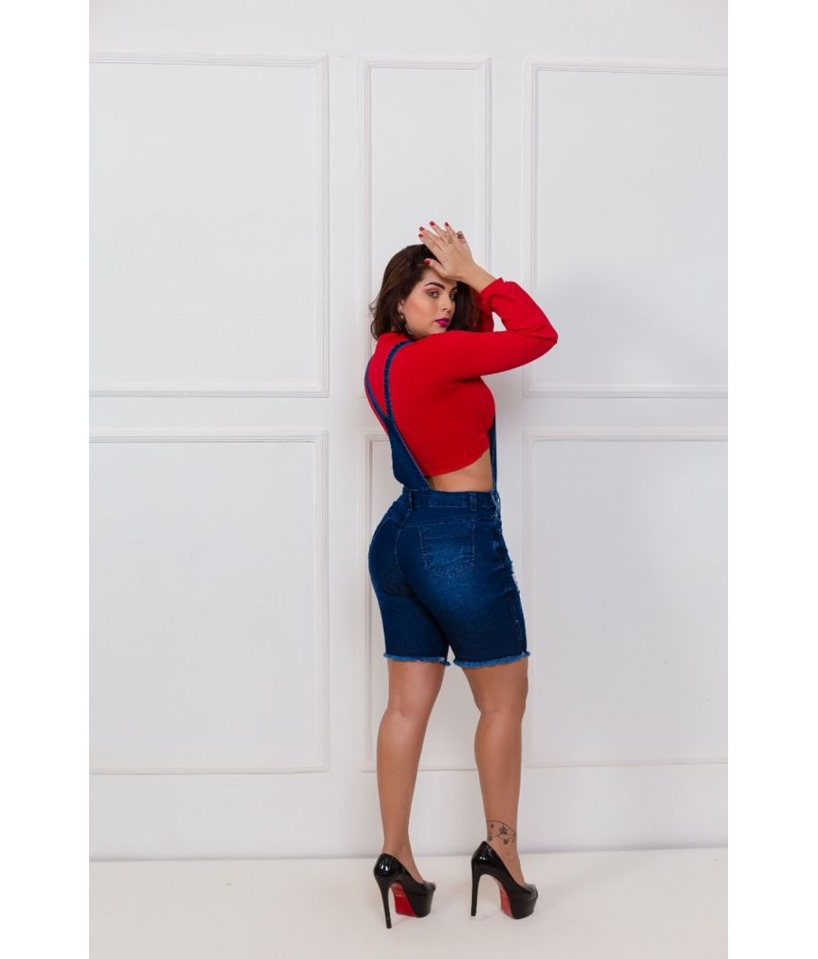 Jardineira Jeans Pedal Escura Cintura Alta Com Lycra