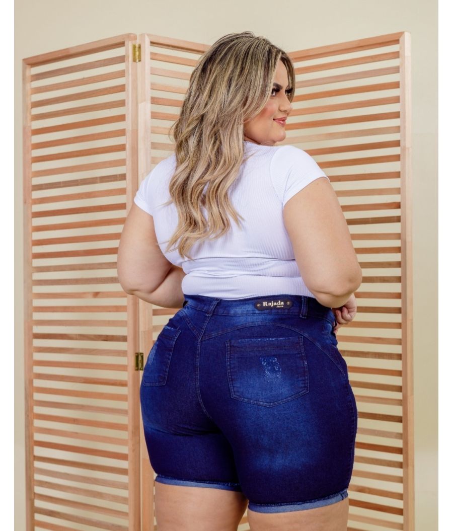 Short Jeans Pedal Feminino Botões Plus Size Com Lycra Cintura Alta