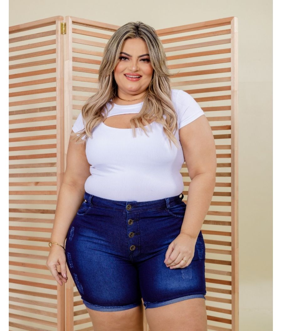 Short Jeans Pedal Feminino Botões Plus Size Com Lycra Cintura Alta