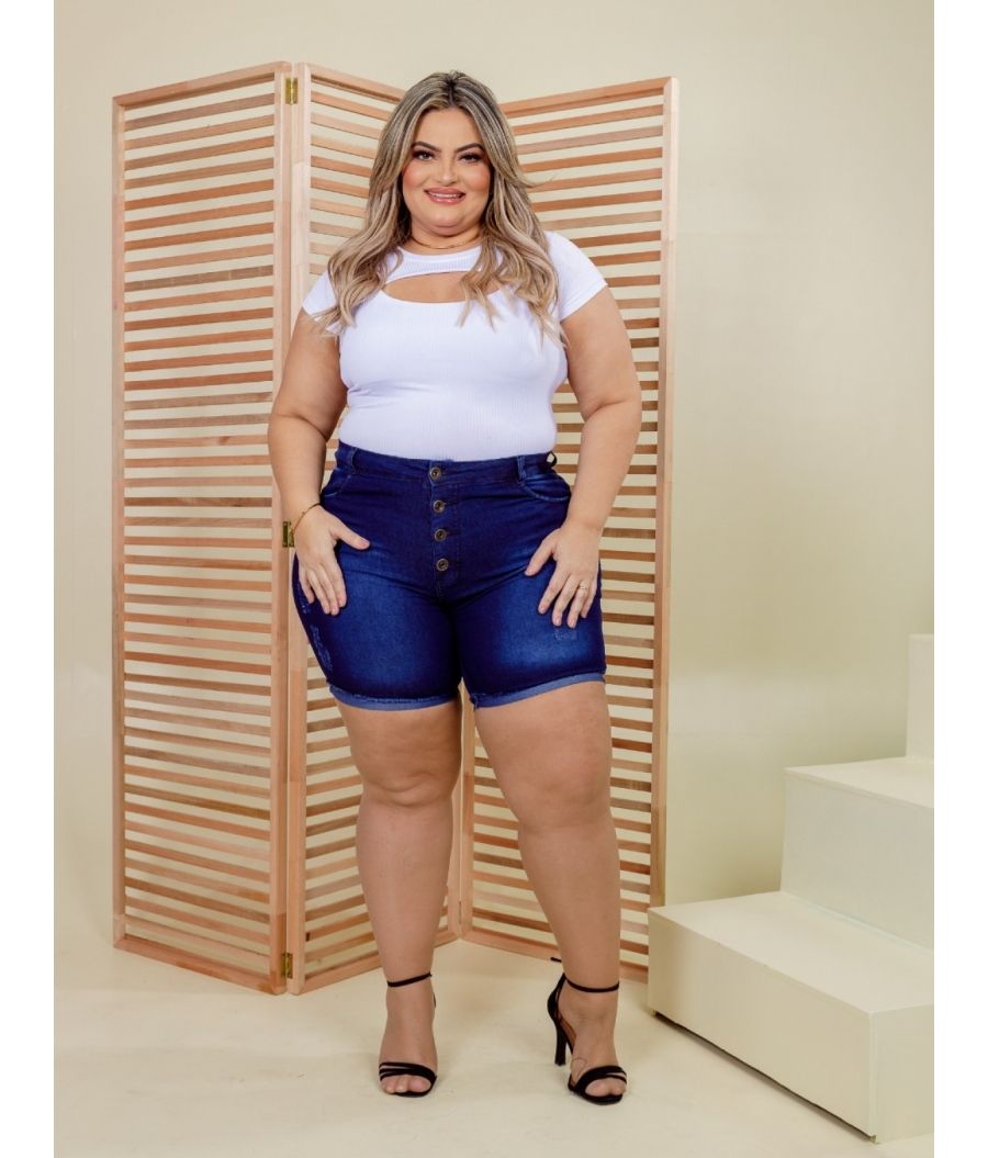 Short Jeans Pedal Feminino Botões Plus Size Com Lycra Cintura Alta