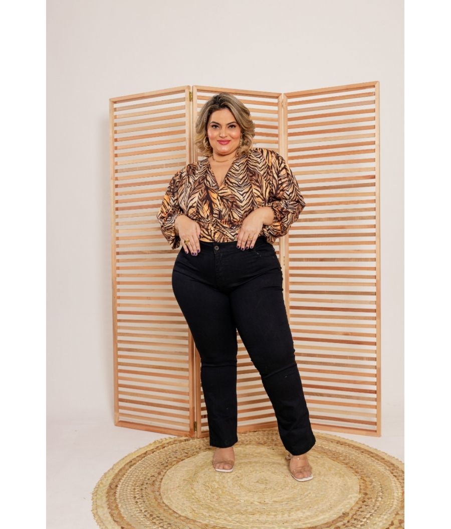 Calça Jeans Preta Feminina Plus Size Skinny Cintura Alta 