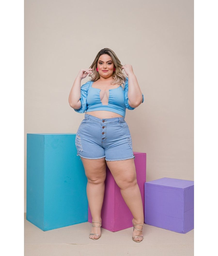 Short Jeans Feminino Plus Size Com Lycra Cintura Alta Dark