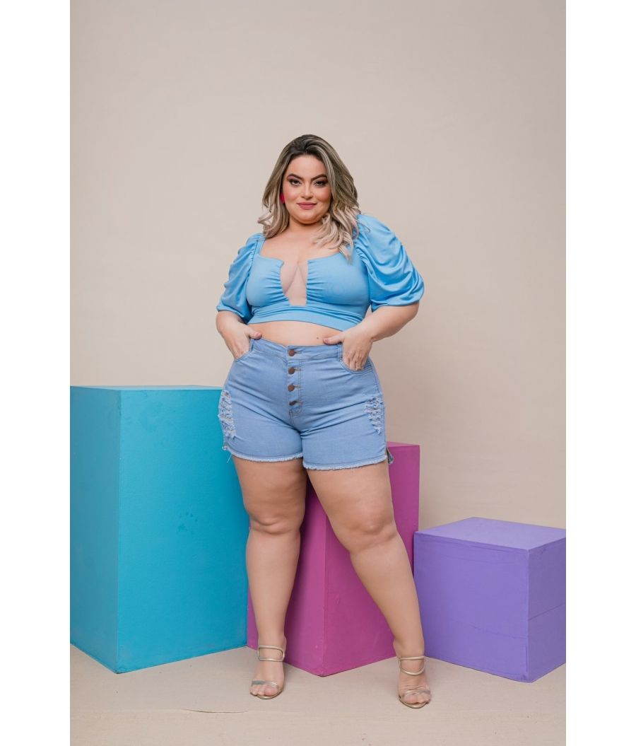 Short Jeans Feminino Plus Size Com Lycra Cintura Alta Dark
