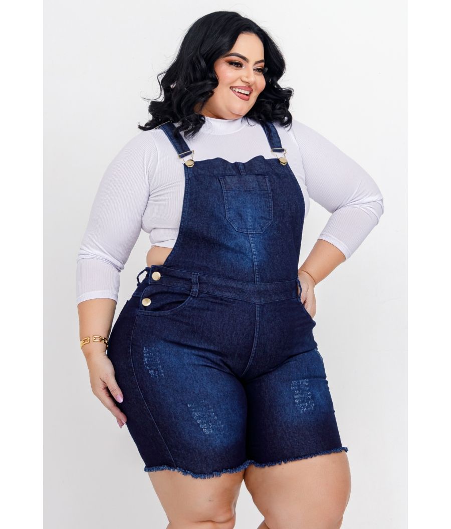 Jardineira Jeans Feminina Plus Size Com Lycra Cintura Alta Escura