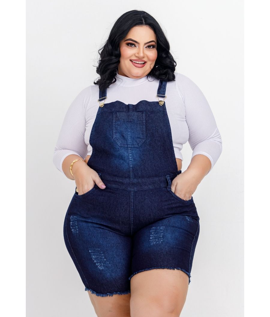 Jardineira Jeans Feminina Plus Size Com Lycra Cintura Alta Escura