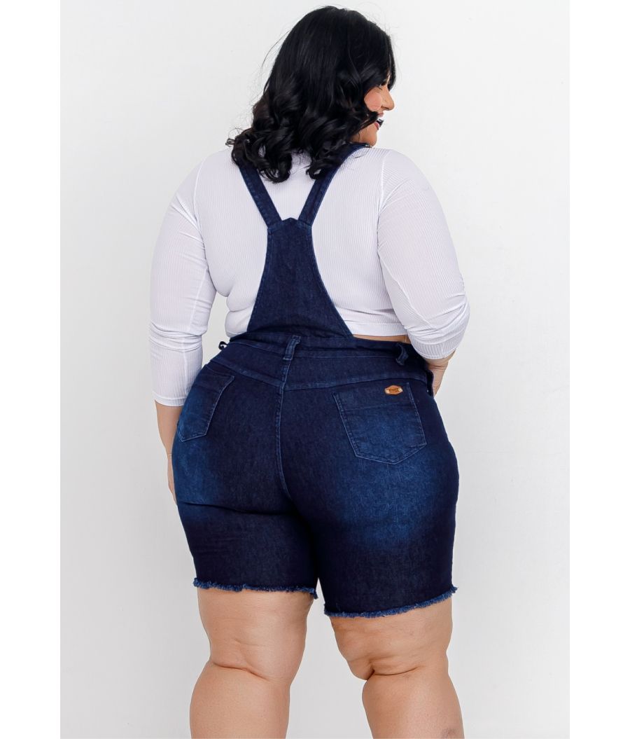 Jardineira Jeans Feminina Plus Size Com Lycra Cintura Alta Escura
