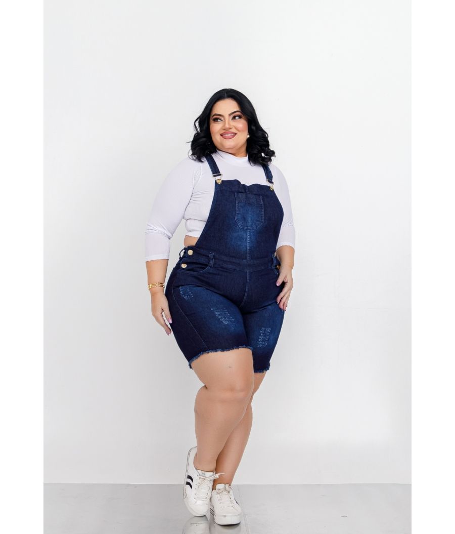 Jardineira Jeans Feminina Plus Size Com Lycra Cintura Alta Escura
