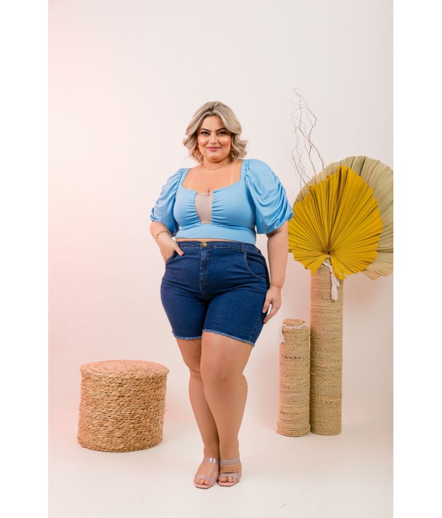 Short Jeans Feminino Plus Size Com Lycra Cintura Alta Dark