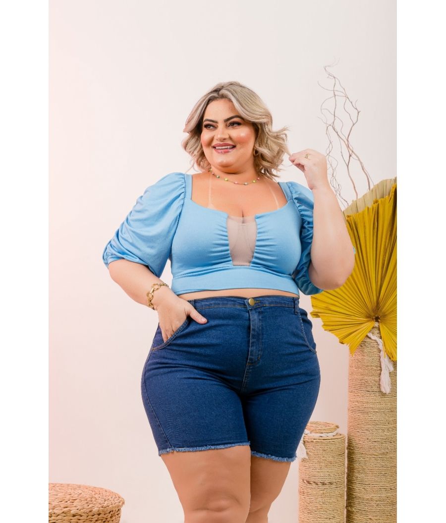 Short Jeans Feminino Plus Size Com Lycra Cintura Alta Dark