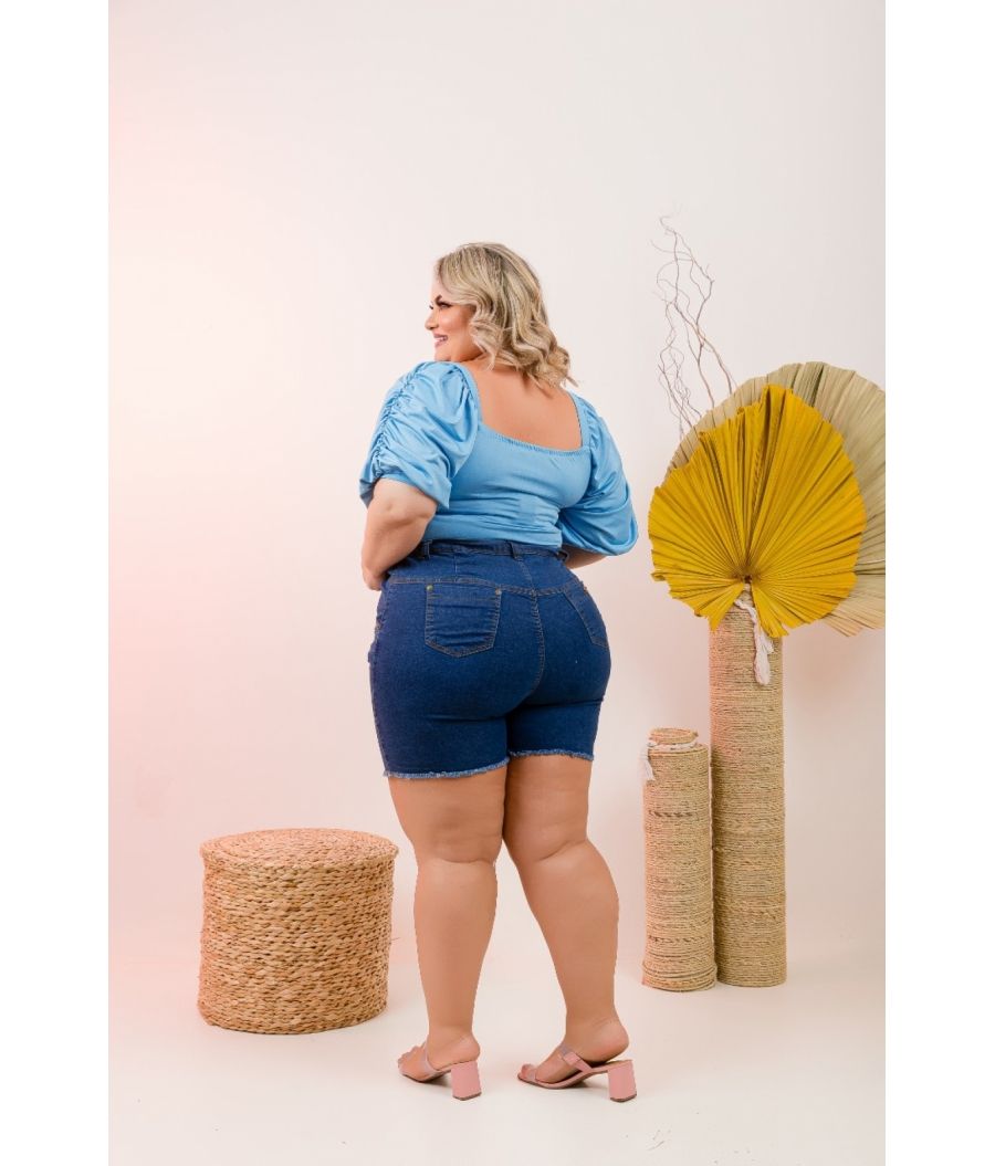 Short Jeans Feminino Plus Size Com Lycra Cintura Alta Dark