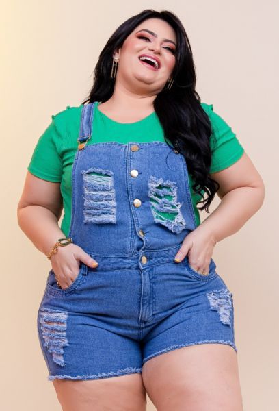 Jardineira Macaquinho Short Jeans Plus Size Feminina sem Lycra  em PASSO FUNDO RS