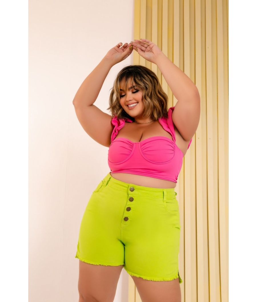 Short Jeans com Botoes Plus size Feminino colorido Cintura Alta Com Lycra