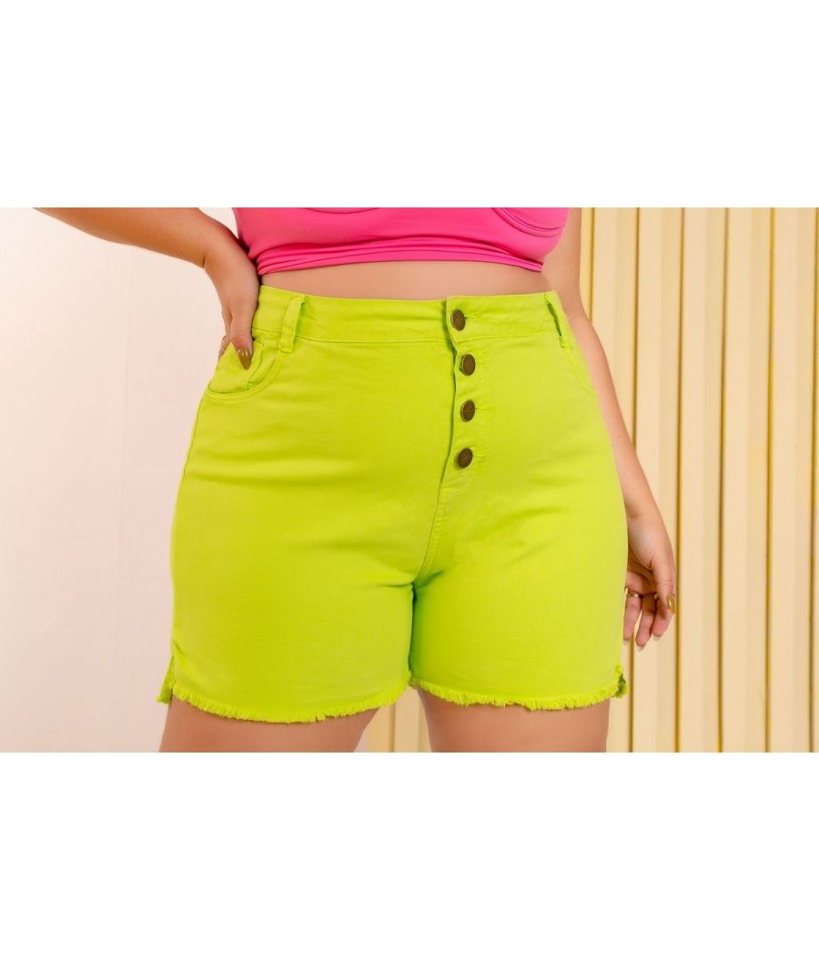 Short Jeans com Botoes Plus size Feminino colorido Cintura Alta Com Lycra