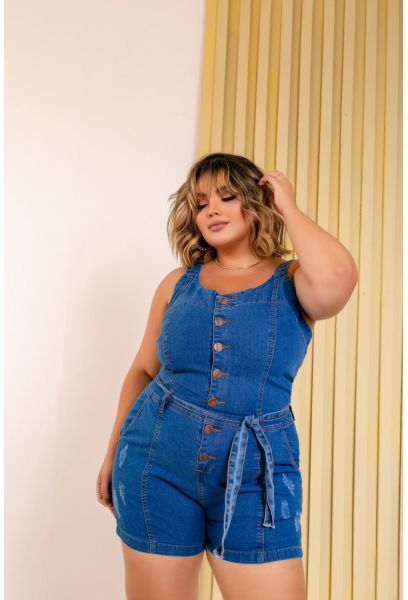 Macacão Jeans Cintura alta Feminina Plus Size Com Lycra  em NOVO HAMBURGO RS