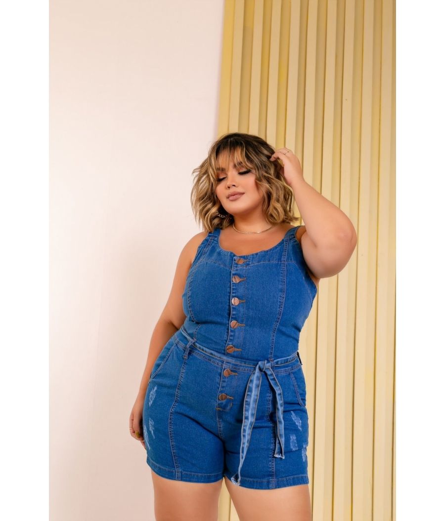Macacão Jeans Cintura alta Feminina Plus Size Com Lycra 
