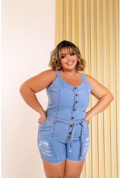 Macacão Jeans Feminina Plus Size Com Lycra Cintura Alta Clean com Rasgadinhos em MACAE RJ