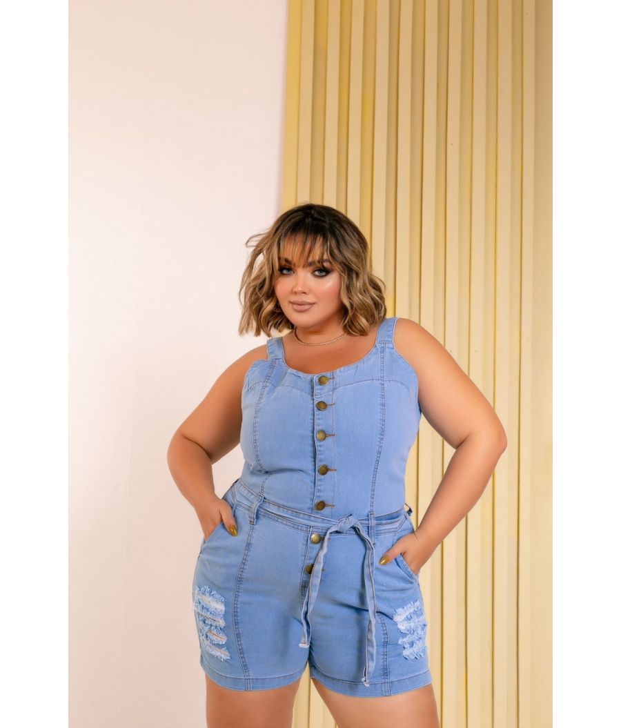 Macacão Jeans Feminina Plus Size Com Lycra Cintura Alta Clean com Rasgadinhos