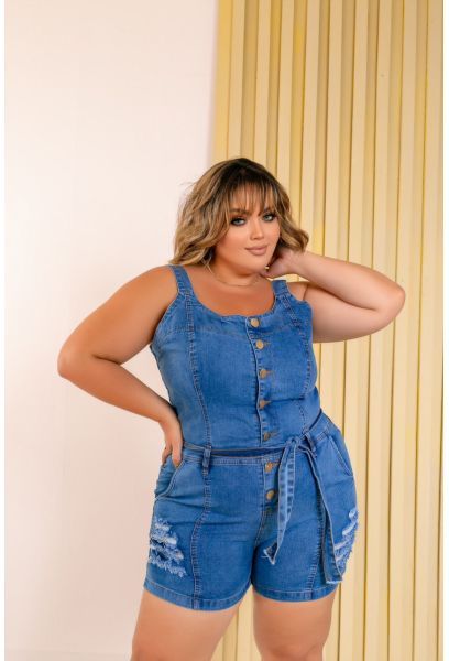 Macacão Jeans Feminina Plus Size Com Lycra Cintura Alta Clean com Rasgadinhos em MACAE RJ