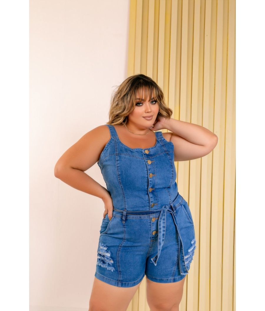 Macacão Jeans Feminina Plus Size Com Lycra Cintura Alta Clean com Rasgadinhos