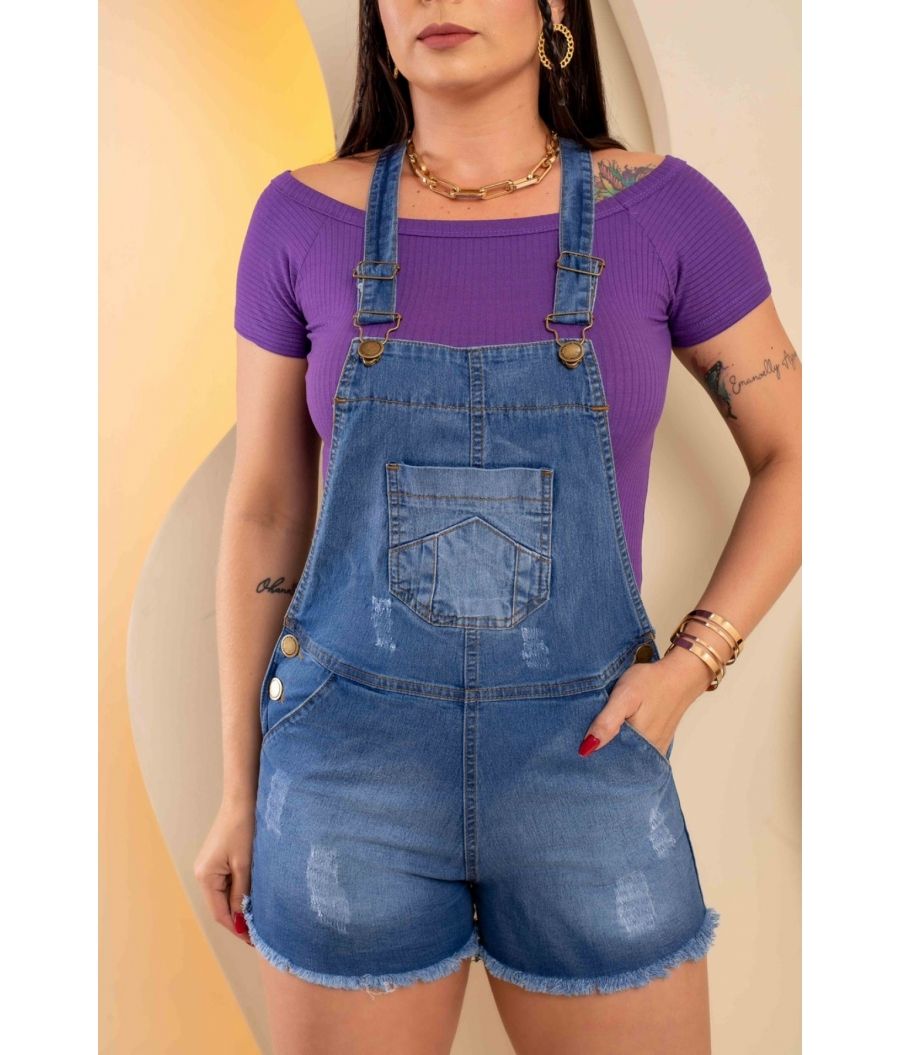 Jardineira Jeans Cintura Alta Com Lycra Clean Modela o corpo