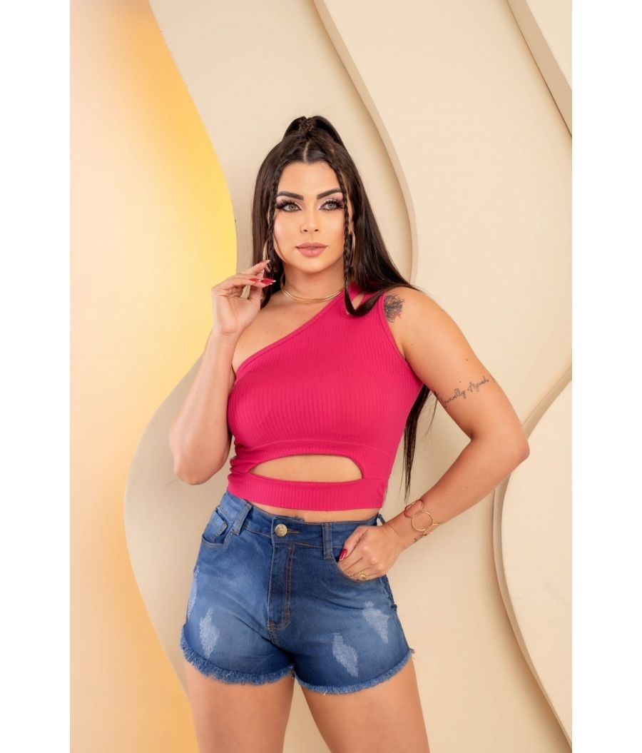 Short Jeans Feminino escuro Cintura Alta Com Lycra Empina Bumbum