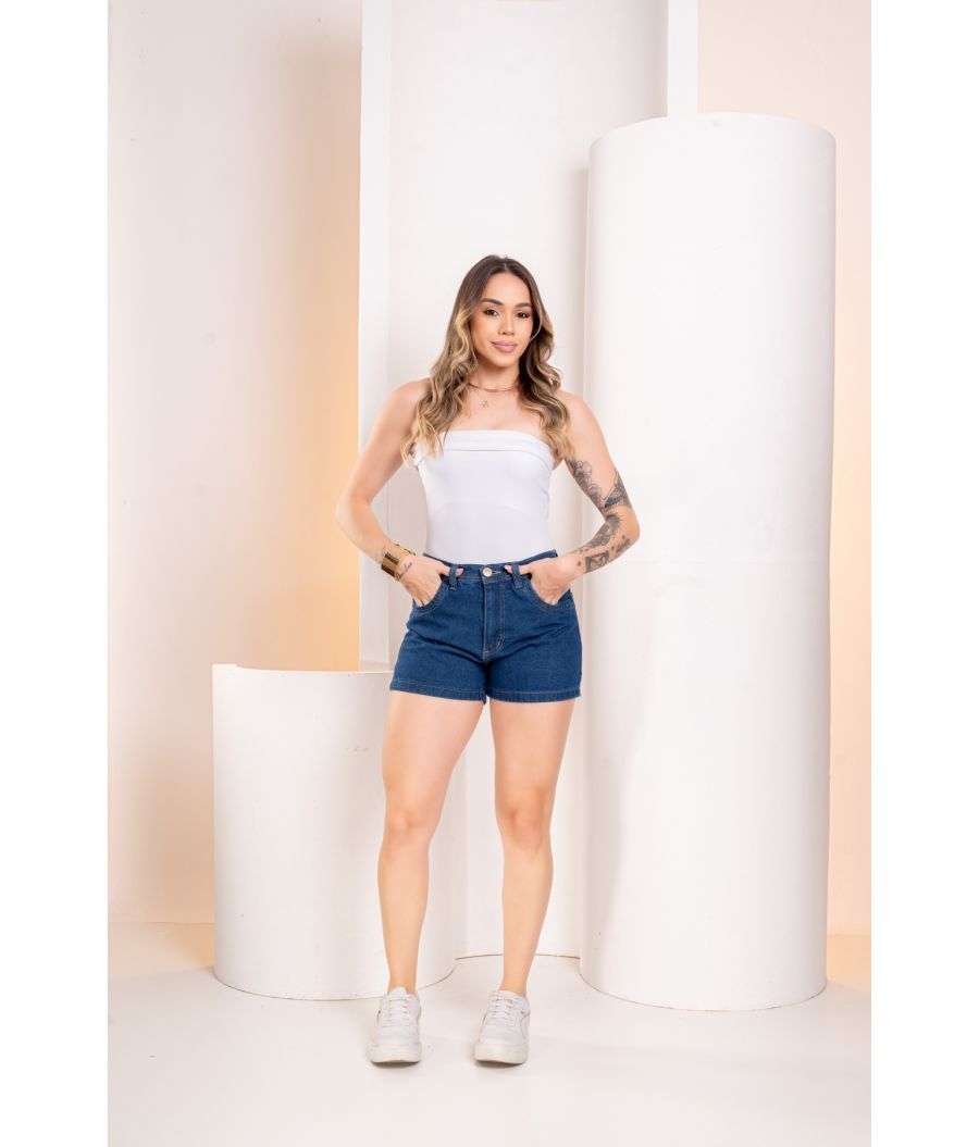 Short Jeans Feminino escuro Cintura Alta Com Lycra Empina Bumbum Desdroyed