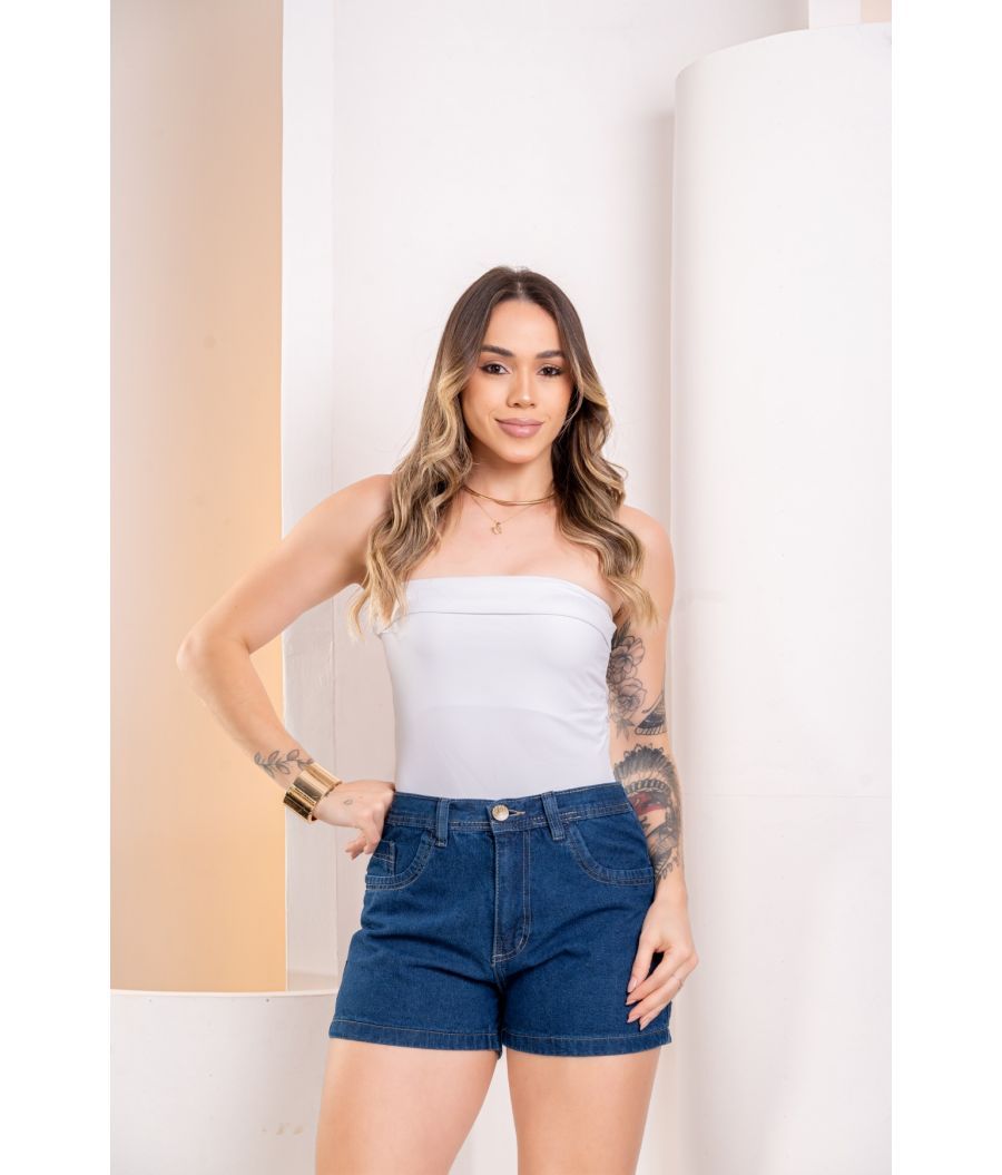 Short Jeans Feminino escuro Cintura Alta Com Lycra Empina Bumbum Desdroyed