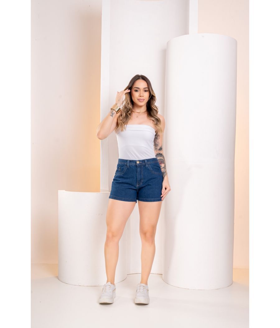 Short Jeans Feminino escuro Cintura Alta Com Lycra Empina Bumbum Desdroyed