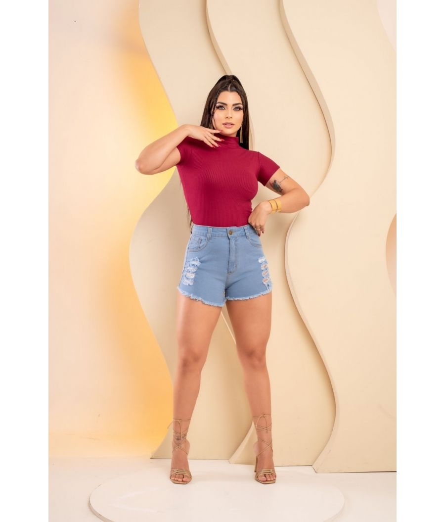 Short Jeans Feminino Clean Cintura Alta Com Lycra Empina Bumbum Destroyed  Desdroyed