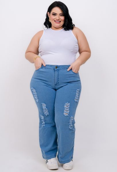 Calça Jeans Wide Leg Feminina Plus Size Destroyed em GOIANIA GO