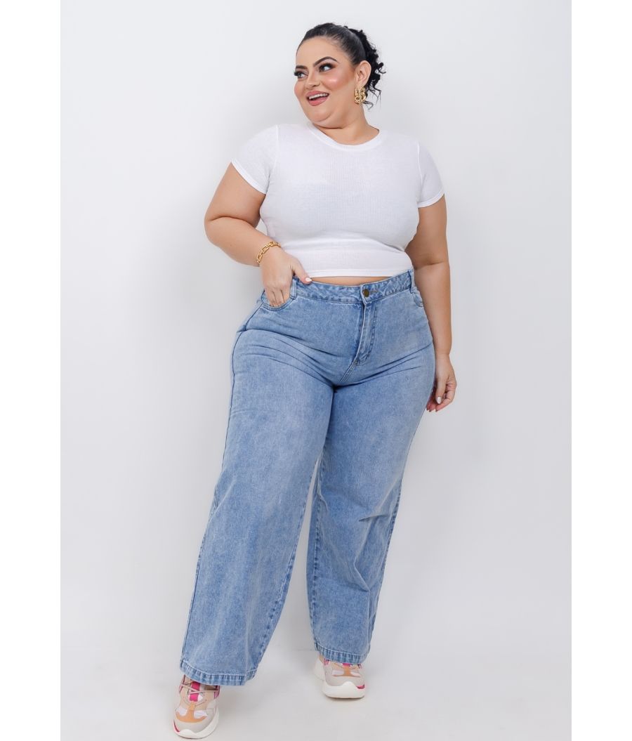 Calça Jeans Sem Lycra Wide Leg Feminina Plus Size 